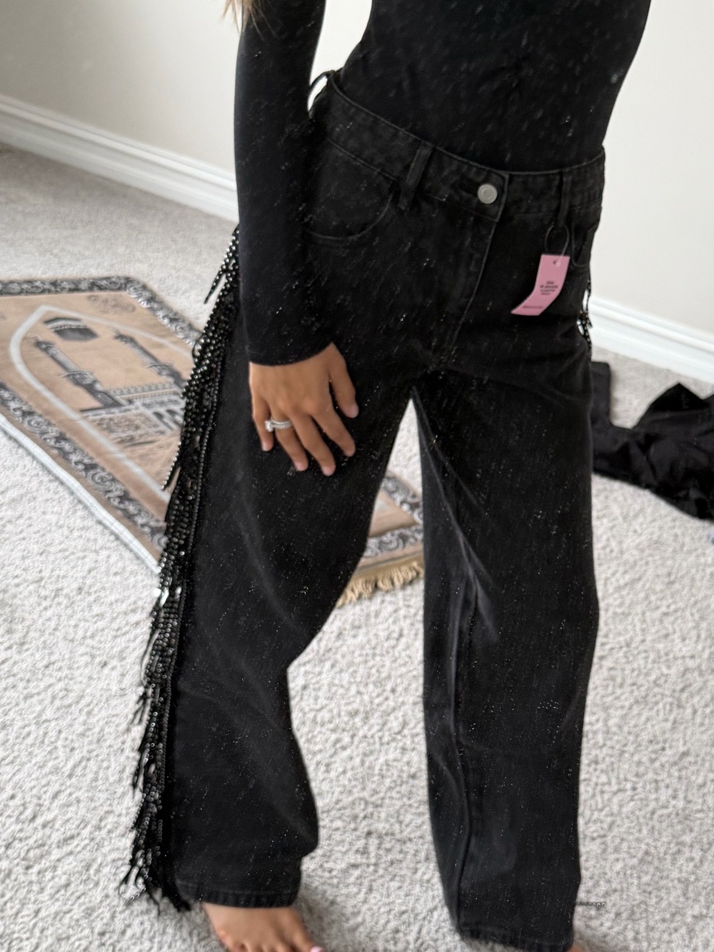 PrettyLittleThing Black Fringe Wide Leg Jeans